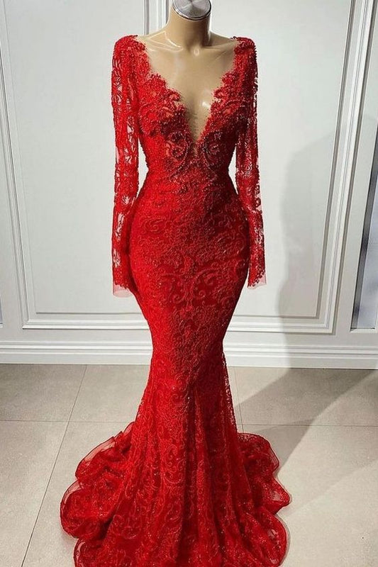 Robes de bal rouges, robes de bal sirène à manches longues fg812