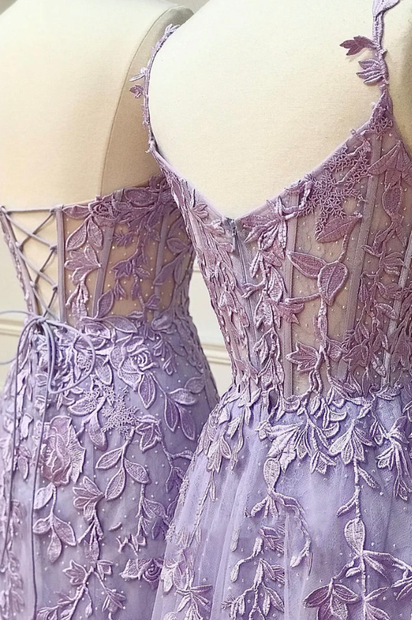 Purple tulle lace long prom dress purple evening dress fg823