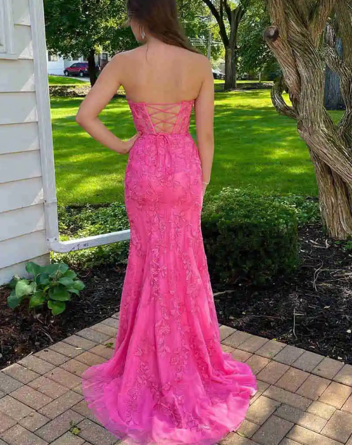 Strapless Hot Pink Lace Long Prom Dress with Appliques fg826