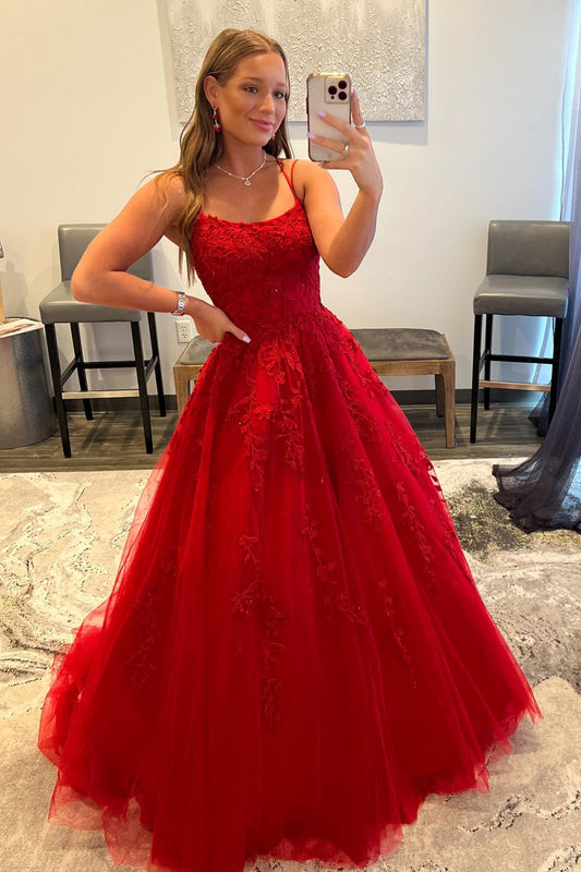 Robe de bal longue rouge à bretelles spaghetti et appliqués fg84