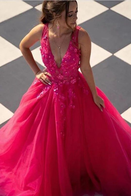 Langes Ballkleid aus Tüll mit tiefem V-Ausschnitt, Applikationen und Perlenbesatz fg85