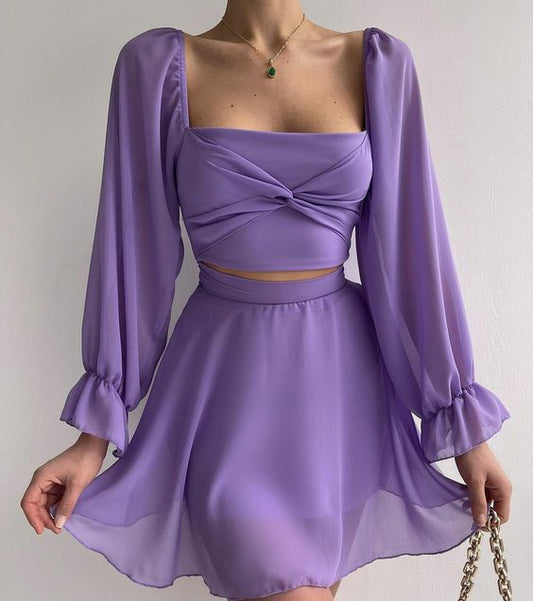 Robe de bal courte violette à manches longues, tenue de soirée fg870