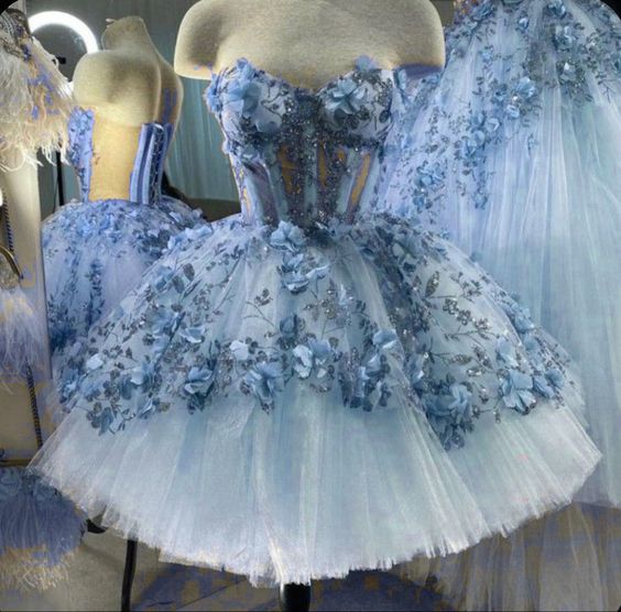 Robe de soirée courte en tulle bleu avec fleurs 3D fg885
