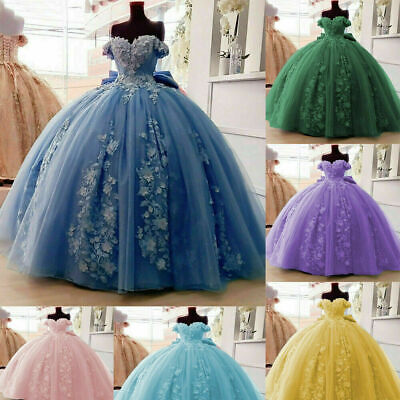 Quinceanera Kleider 3D Blumenapplikationen Off Shoulder Sweet 16 Ballkleid mit großer Schleife fg891