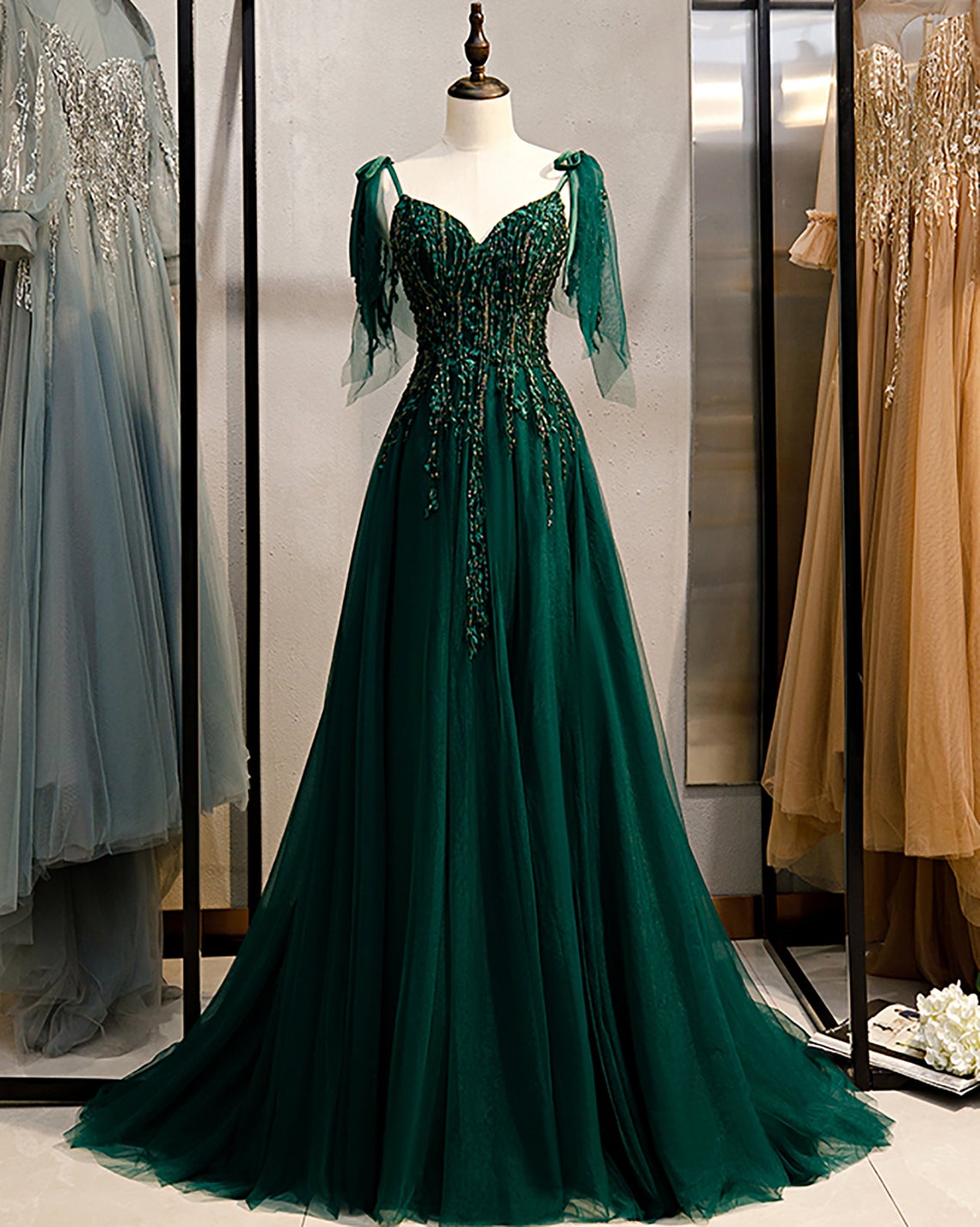 Emerald Green Spaghetti Straps Prom Dress Shinny Prom Dress fg950