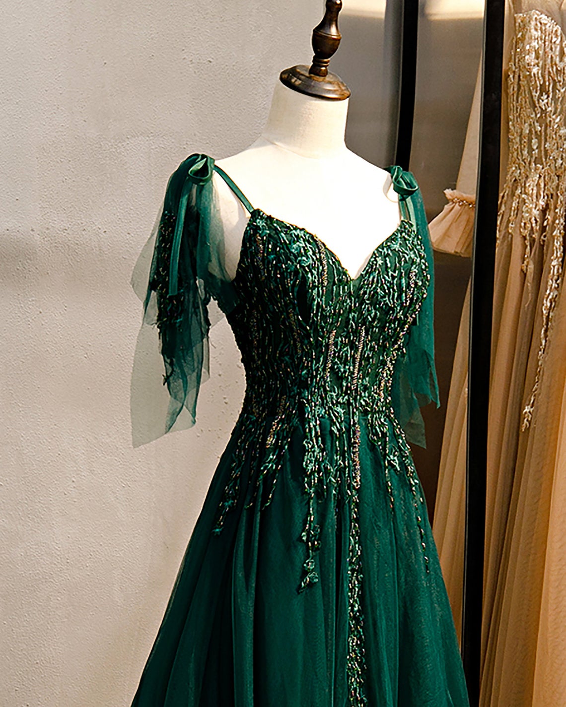 Emerald Green Spaghetti Straps Prom Dress Shinny Prom Dress fg950
