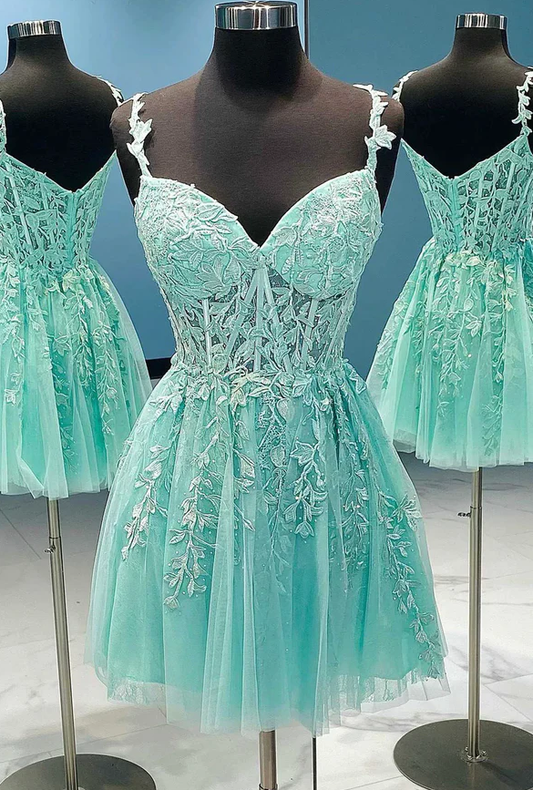 Grünes kurzes Ballkleid aus Tüllspitze, Heimkehrkleid fg955