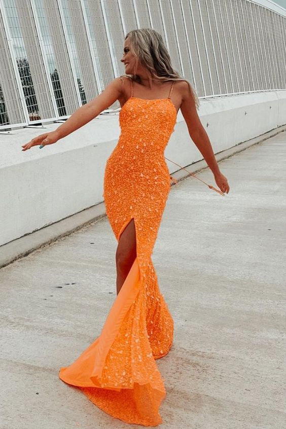 sparkle mermaid orange sequins long prom dress with slit fg969