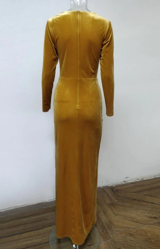 Robe de bal sexy en velours à col en V et manches longues, fg982