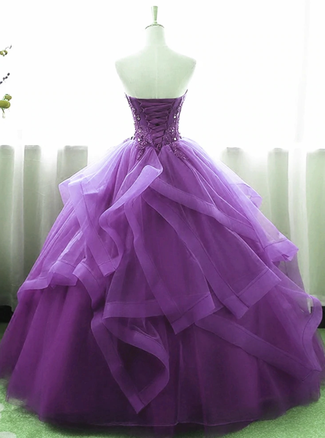 Purple Ball Gown Organza and Tulle Sweet 16 Dress with Lace Appique, Purple Formal Gown fg99