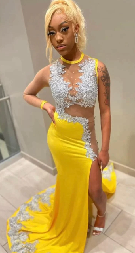 black girl yellow lace evening dresses,silver lace prom dresses, sexy evening dresses fg996