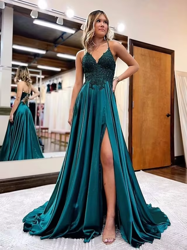 Elegant long a-line satin prom dresses v-neck split formal gown with l