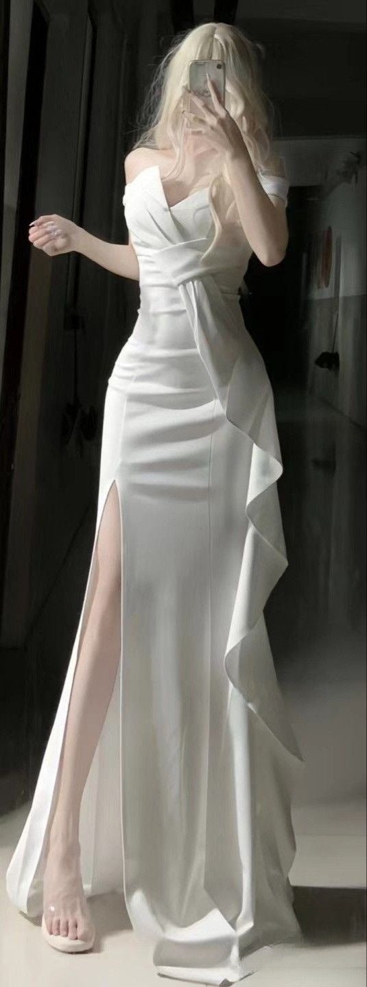 White Off Shoulder Long Prom Gown Evening Dress    fg7392
