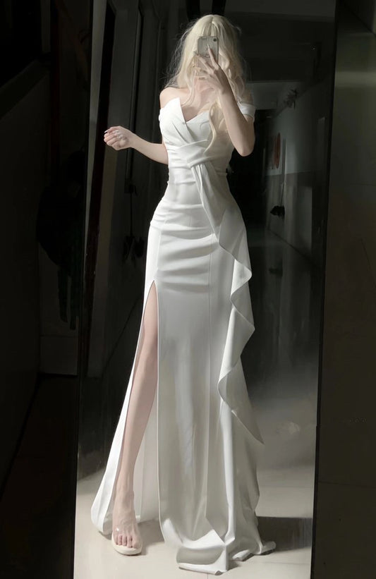 White Off Shoulder Long Prom Gown Evening Dress    fg7392