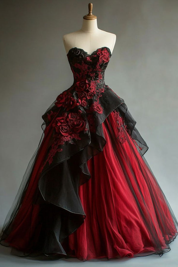 Stunning A Line Ball Gown Red And Black Long Prom Gown Evening Dress f
