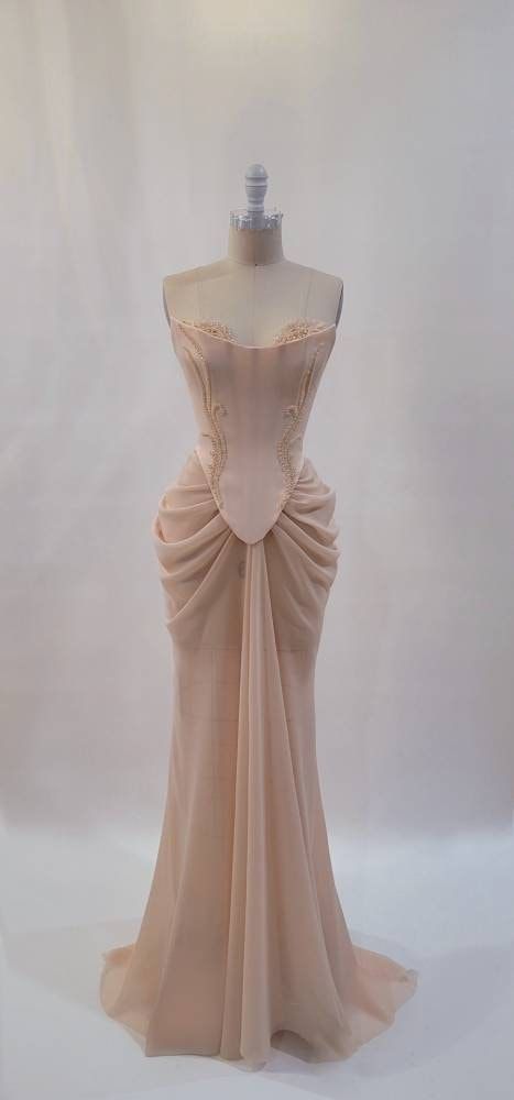 Pink vintage elegant beaded chiffon evening dress    fg7371