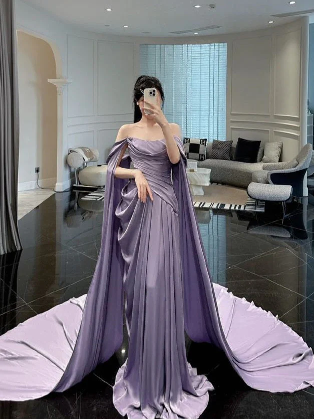 fitted lace wedding dress Simple V Neck Floor Length Purple Prom Dress with Slit, Purple Formal –  jbydress main image 1