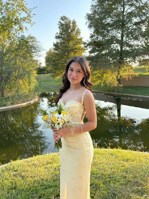 Pastel Yellow Prom Dress V Neck Evening Dress Y6369 main image 1