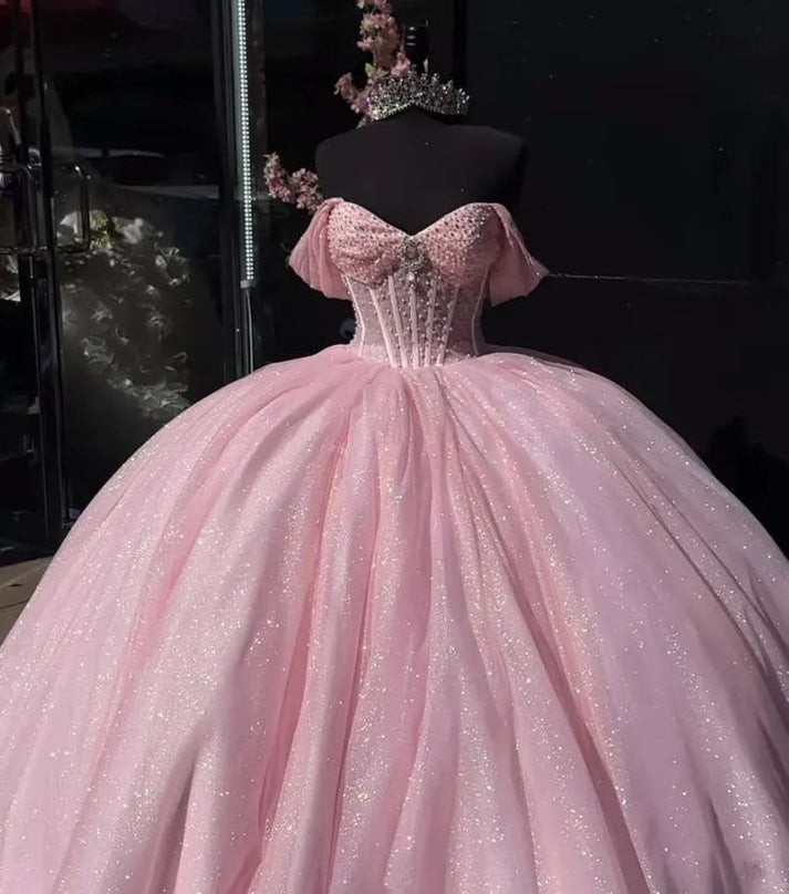 Lovely Pink Off Shoulder A-Line Tulle Quinceanera Dress Birthday Gown DP3955 main image 1