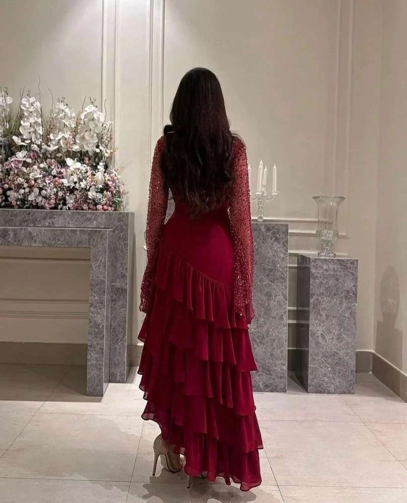 Women's Ankle Length Sequin Dress O Neck Tiered Burgundy Evening Dress fg6730 Women's Ankle Length Sequin Dress O Neck Tiered Burgundy Evening Dress fg6730