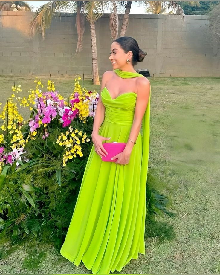 Robe de bal simple en mousseline de soie vert vif, robe de soirée longue et formelle fg6259