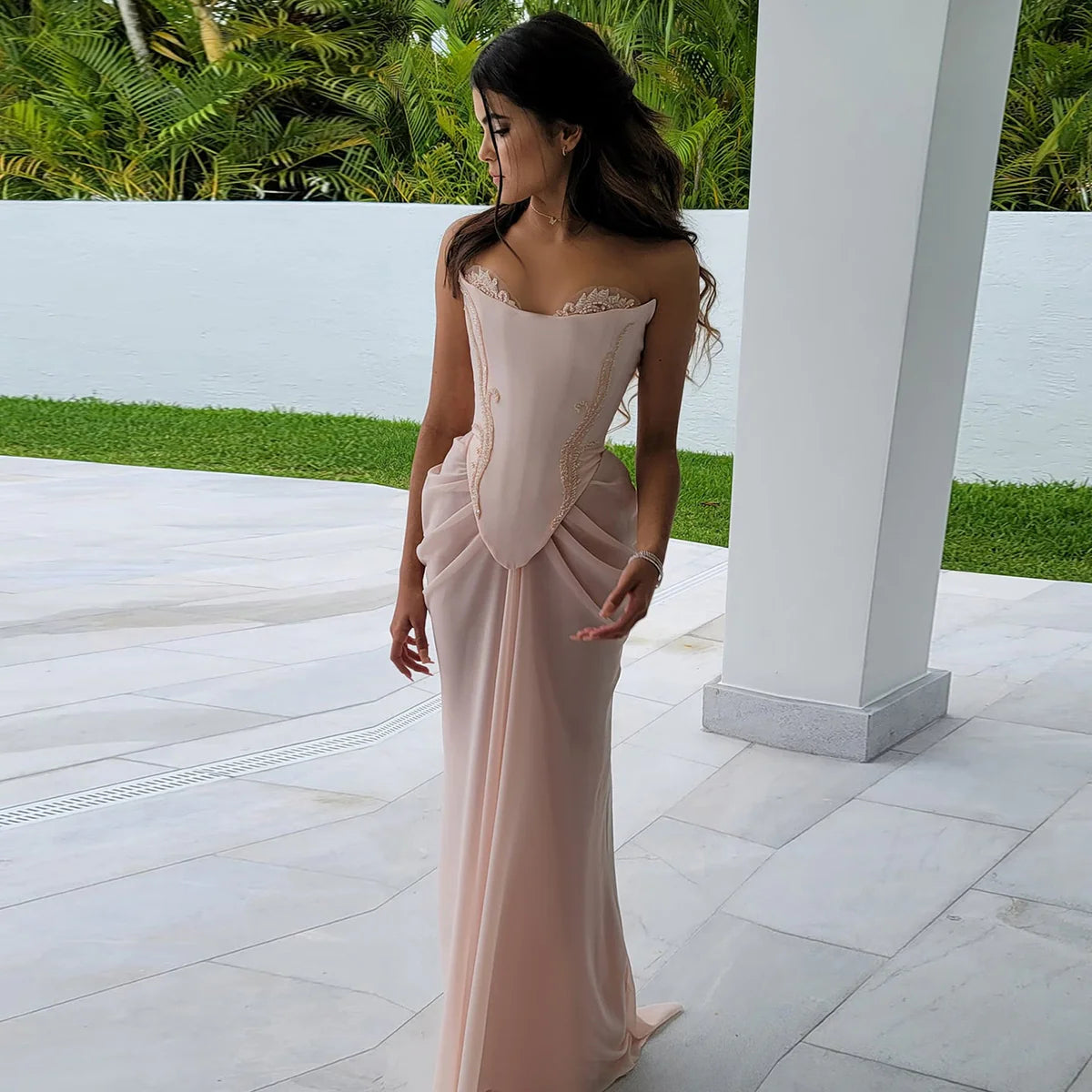 Pink vintage elegant beaded chiffon evening dress    fg7371