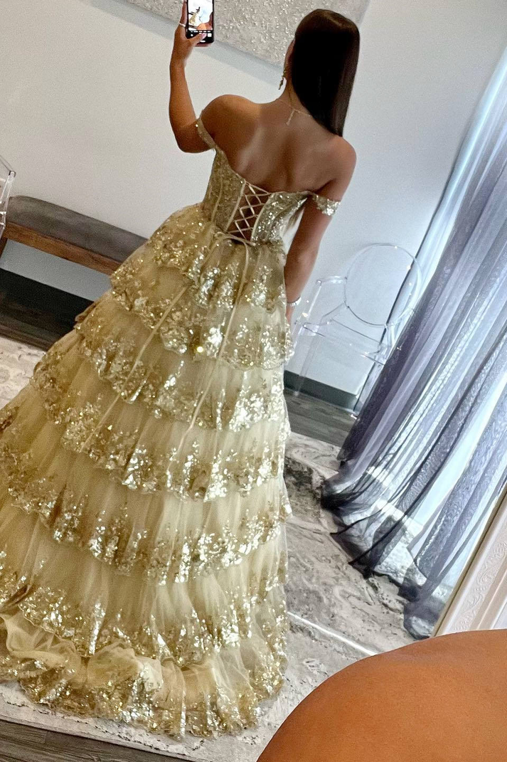 Golden Short Sleeves A-line Tulle Prom Dress, OL547 main image 1