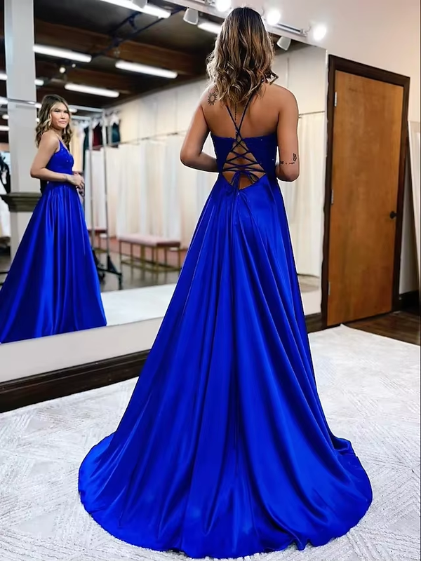 A-line V Neck Long Prom Dresses Satin Formal Graduation Evening Gowns