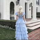 Sky Blue Tiered Skirt Prom Dress Puff Short Sleeves Formal Party Evening Gown