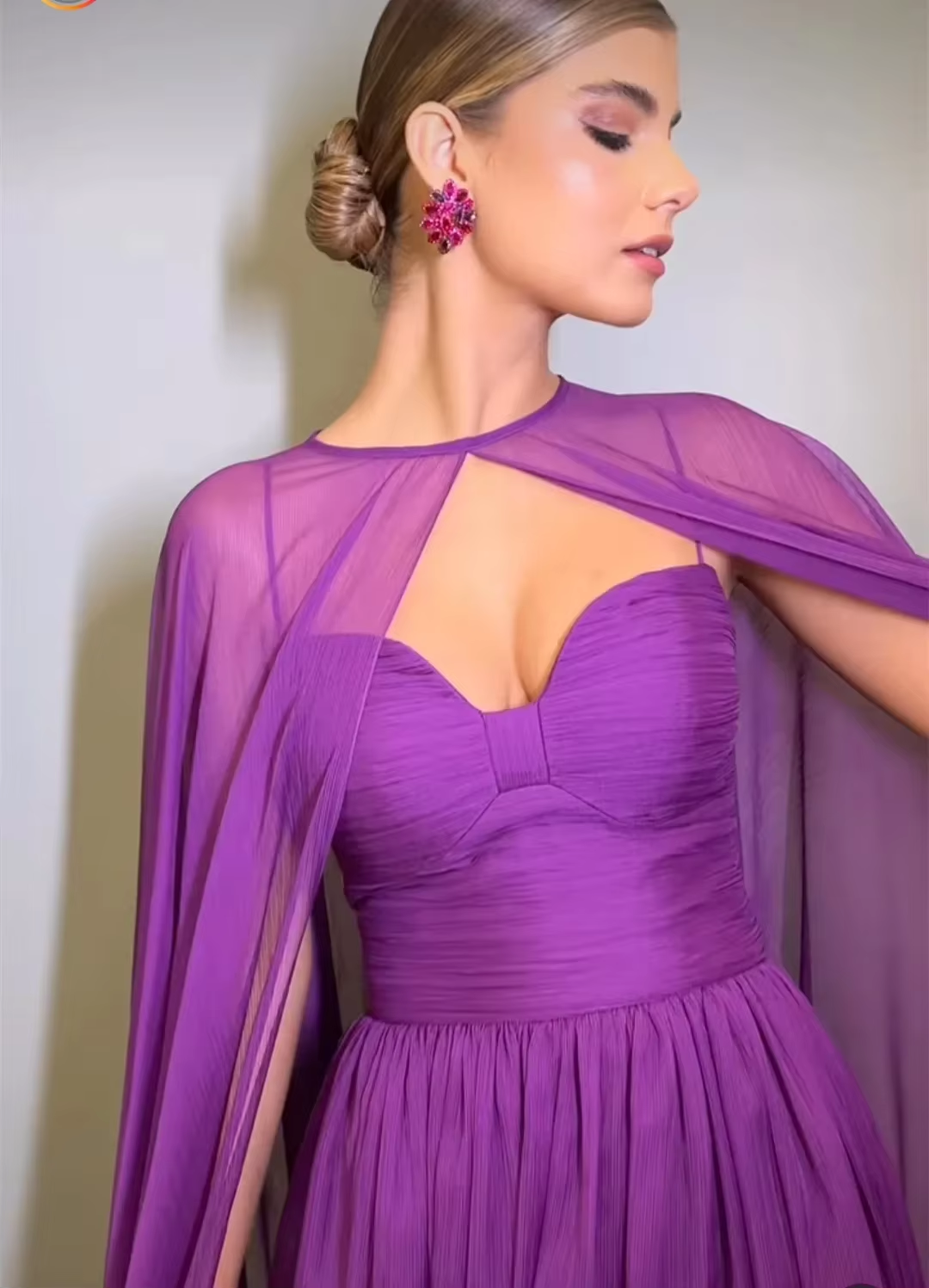 Elegant Purple Chiffon Long Evening Dress with Cape A-Line Pleated Flo formalgowns Elegant Purple Chiffon Long Evening Dress with Cape A-Line Pleated Flo formalgowns