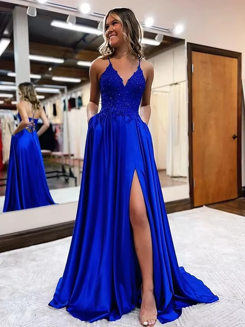 Long A Line V Neck Prom Dresses Satin Formal Evening Gowns main image 0
