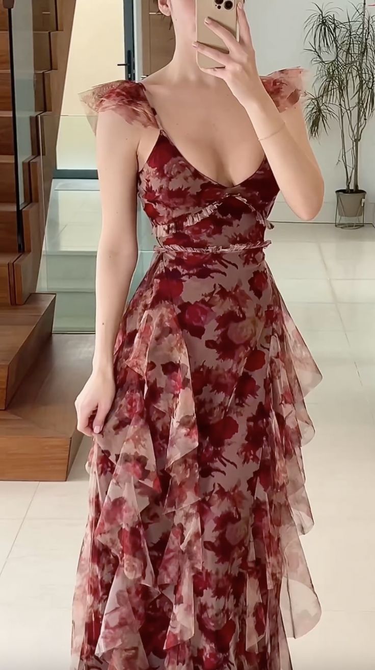 Vintage Chiffon Print Irregular Ruffles Long Prom Dress A Line Evening formalgowns Vintage Chiffon Print Irregular Ruffles Long Prom Dress A Line Evening formalgowns