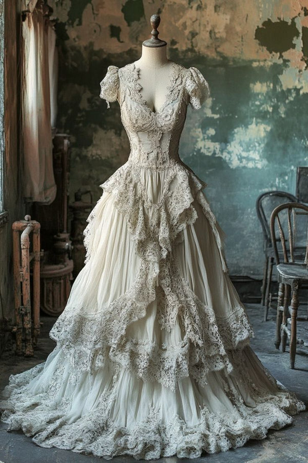 Ivory V-Neck A Line Long Sleeves Wedding Dress with Lace main image 1
