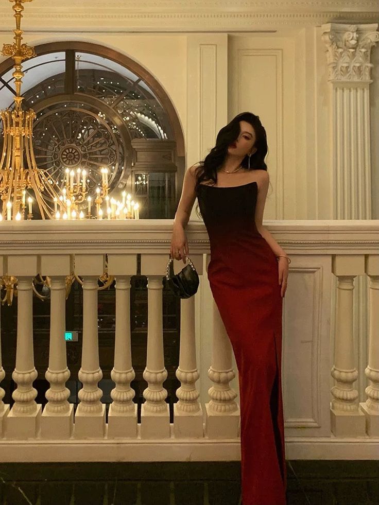 Sexy Mermaid Strapless Ombre Burgundy Satin Slit Long Prom Dresses Bir formalgowns Sexy Mermaid Strapless Ombre Burgundy Satin Slit Long Prom Dresses Bir formalgowns