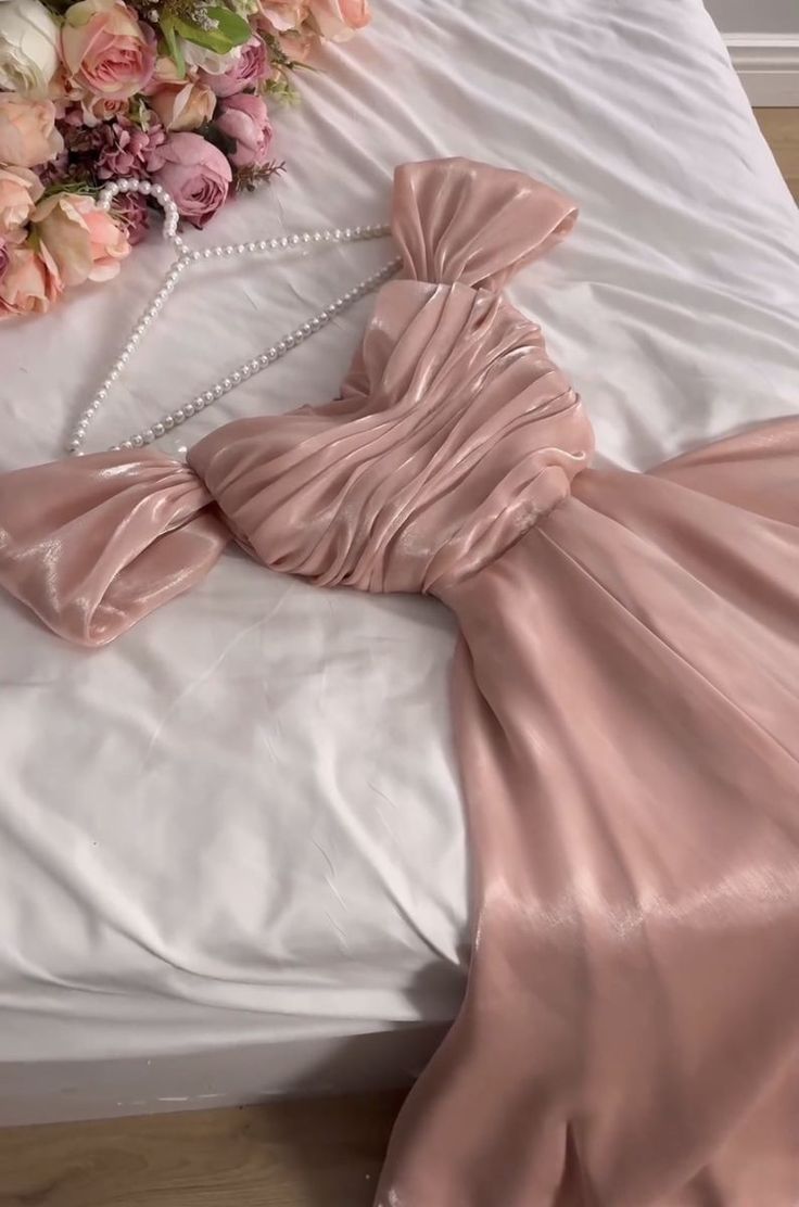 Modest A Line Strapless Silk Satin Long Pink Prom Dress Evening Gown f –  formalgowns