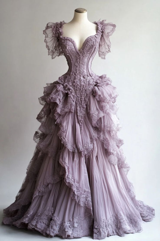 Lavendel Ballkleider Spitze Rüschen Ball Party Kleider Prinzessin Abendkleider fg7223