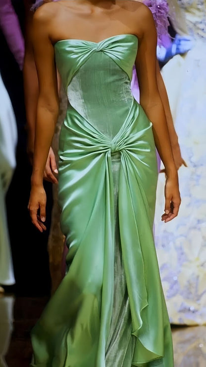 Robe de soirée longue en satin vert, style vintage, sans bretelles, fg7140