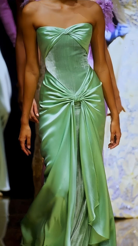 Robe de soirée longue en satin vert, style vintage, sans bretelles, fg7140