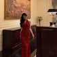 Robe de bal sexy fourreau à col en V et motif floral rouge, longueur cheville, robe d'anniversaire fg7026