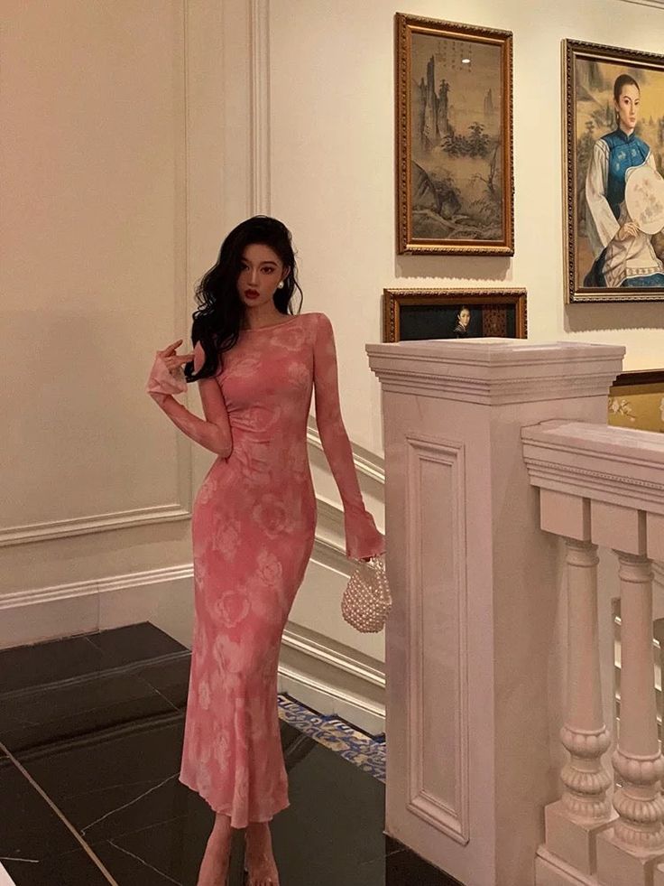 Sexy Sheath Pink Floral Long Sleeves Prom Dresses Birthday Outfits fg7 – formalgowns