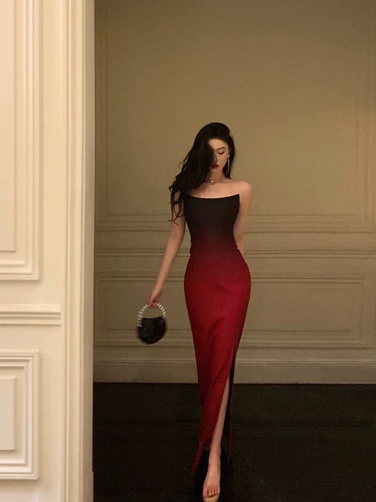 Sexy Mermaid Strapless Ombre Burgundy Satin Slit Long Prom Dresses Bir formalgowns Sexy Mermaid Strapless Ombre Burgundy Satin Slit Long Prom Dresses Bir formalgowns