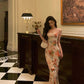 Robe de bal sexy à bretelles spaghetti et motif floral, longueur cheville, robe d'anniversaire fg7029