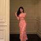 Sexy Sheath Pink Floral Long Sleeves Prom Dresses Birthday Outfits        fg7030