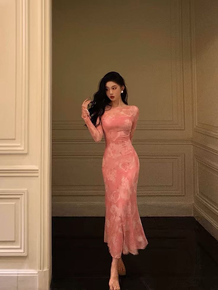 Sexy Sheath Pink Floral Long Sleeves Prom Dresses Birthday Outfits fg7 formalgowns Sexy Sheath Pink Floral Long Sleeves Prom Dresses Birthday Outfits fg7 formalgowns