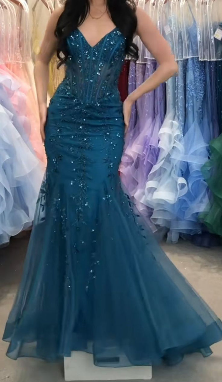 Sexy Red Lace And Tulle Halter V-Neck Sleeveless Mermaid Long Prom Dresses, PD0999