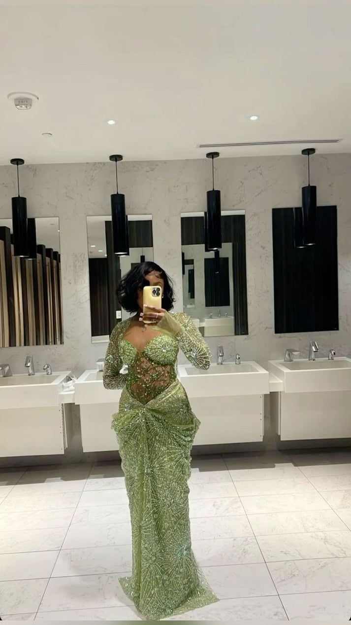 Elegant Green Mermaid Prom Dresses Sequin Applique Party Gowns Long Sleeves Evening Dress     fg4055