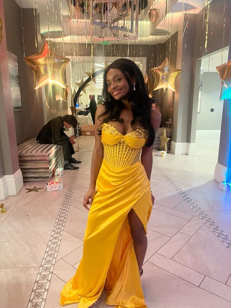 party yellow dresses Wedtrend Women Wedding Guest Dress With Appliques A Line V-Neck Evening Party Dress, Yellow / M This floor Yellow Mermaid Long Prom Dress