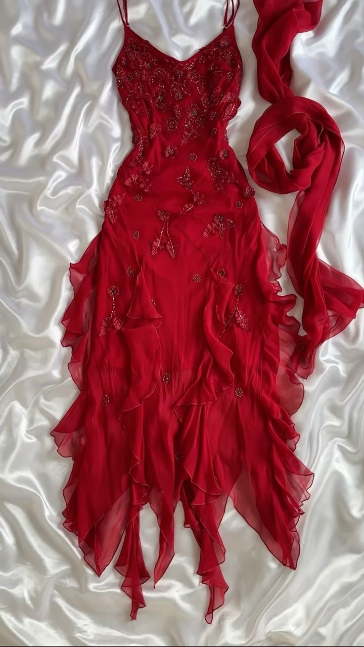 Red Ruffle Bottom Prom Dress Spaghetti Straps Chiffon Ruffles Beading Red Prom Dress Red Evening Dr ...