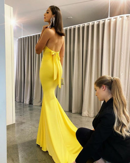 Yellow Backless Mermaid Evening Dress V-Neck Prom Dress fg7167
