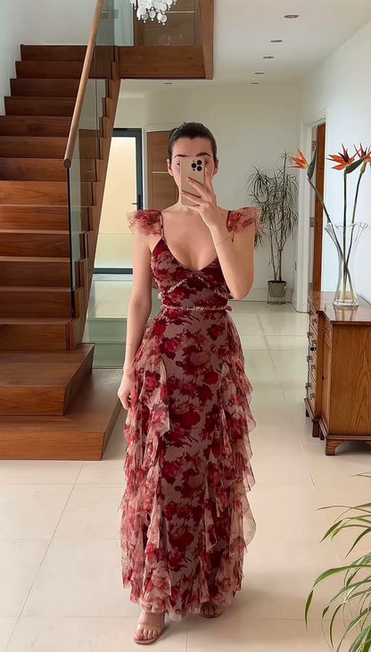 Vintage Chiffon Print Irregular Ruffles Long Prom Dress A Line Evening formalgowns Vintage Chiffon Print Irregular Ruffles Long Prom Dress A Line Evening formalgowns